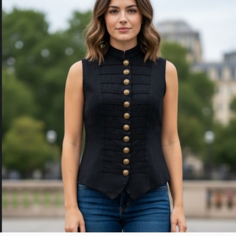 CLIO Black Sleeveless Top with Gold Buttons size small Black Sleeveless Top